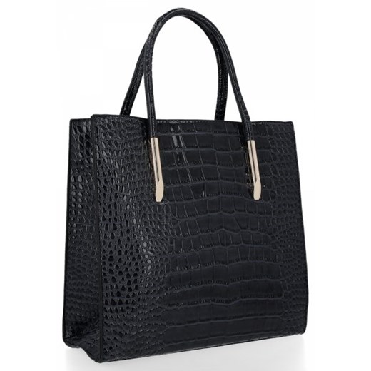 Shopper bag Grace Bags lakierowana bez dodatków ze skóry ekologicznej mieszcząca a4 czarna glamour 