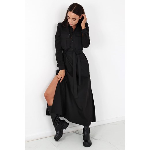Sukienka Ptakmoda.com z paskiem czarna maxi z długimi rękawami koszulowa 