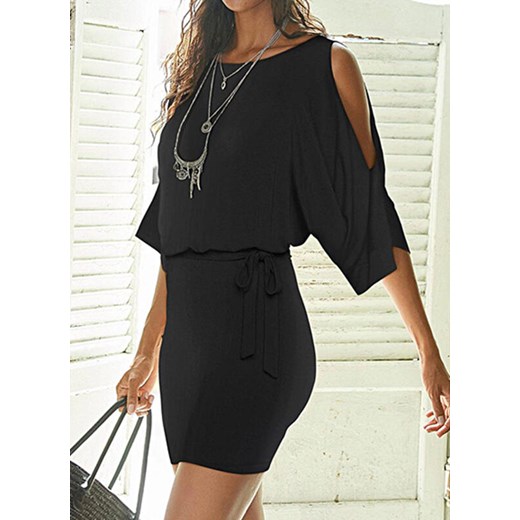 3/4 rękaw dekolt łódka mini przed kolano odkryte ramiona boho luźna ściągacz Arilook L Arilook