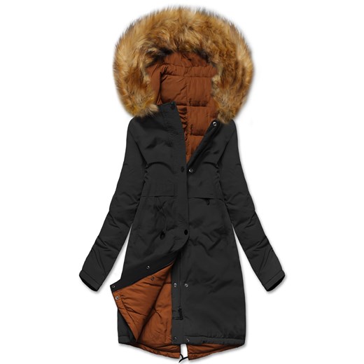 Karmelowa czarna zimowa dwustronna pikowana kurtka płaszczyk parka M136 Dramond L wyprzedaż dramond.pl