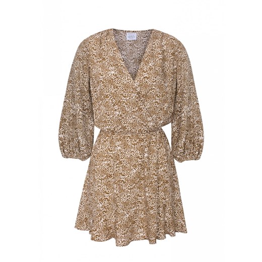 Sukienka z dekoltem na zakładkę z wiskozy beżowej w brązowe cętki - BIRMA L Marsala