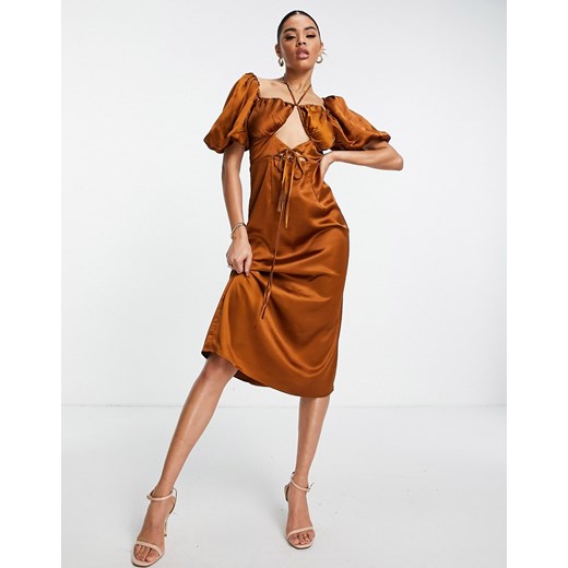 Missguided – Satynowa sukienka midi w kolorze miedzianym z bufkami i wiązaniem z Missguided 42 Asos Poland