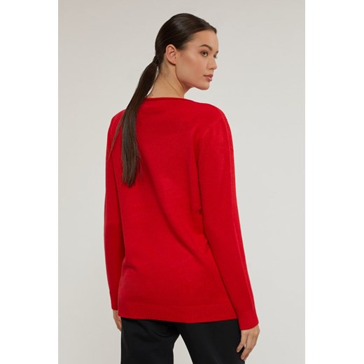 Sweter damski czerwony MONNARI z okrągłym dekoltem z aplikacjami  