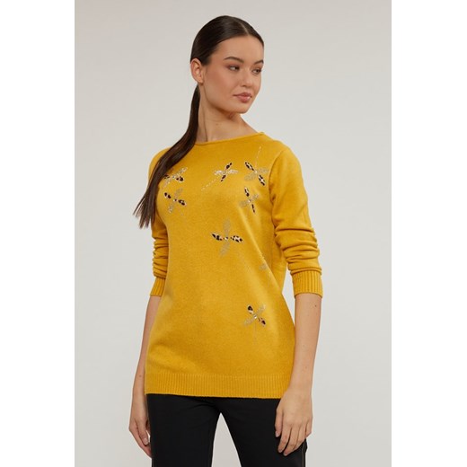 Sweter damski MONNARI z okrągłym dekoltem żółty casualowy 