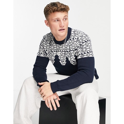 Selected Homme – Granatowy sweter świąteczny z bawełny organicznej ze wzorem w Selected Homme XL Asos Poland