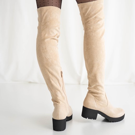 Beżowe kozaki za kolano Erwineta - Obuwie Royalfashion.pl 39 royalfashion.pl