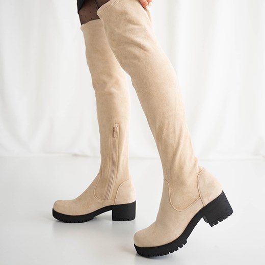 Beżowe kozaki za kolano Erwineta - Obuwie Royalfashion.pl 40 royalfashion.pl