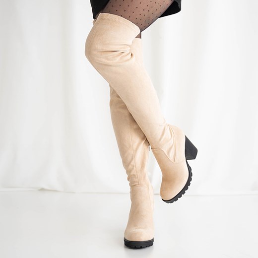 Beżowe damskie kozaki za kolano na słupku Shevao - Obuwie Royalfashion.pl 41 royalfashion.pl