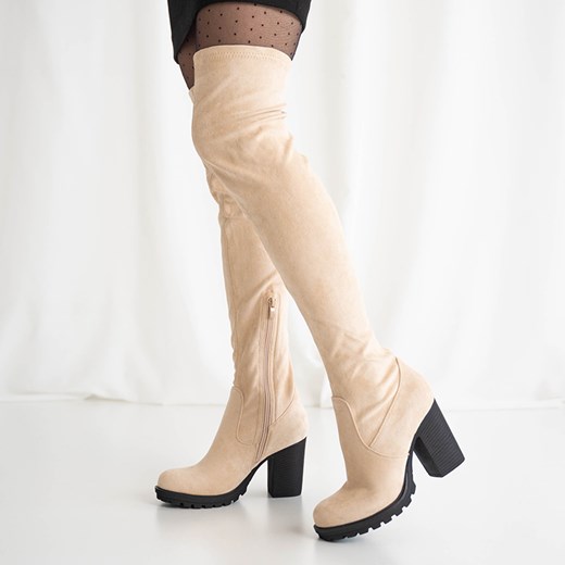 Beżowe damskie kozaki za kolano na słupku Shevao - Obuwie Royalfashion.pl 37 royalfashion.pl
