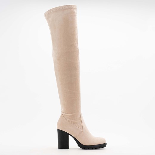 Beżowe damskie kozaki za kolano na słupku Shevao - Obuwie Royalfashion.pl 36 royalfashion.pl