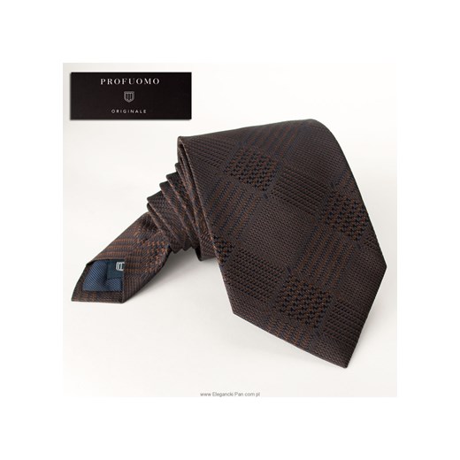 Elegancki jedwabny brązowy krawat Profuomo delikatną kratę eleganckipan-com-pl szary bez wzorów/nadruków