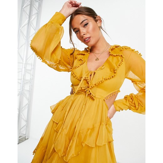 Sukienka żółta Asos z szyfonu z długim rękawem 