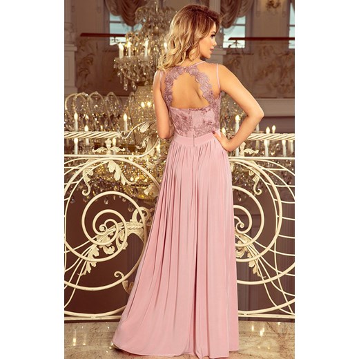 215-5 LEA długa sukienka z haftowanym dekoltem, Kolor brudny róż, Rozmiar L, Numoco XL promocja Primodo