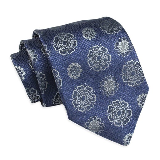 Krawat Klasyczny, Męski, Granatowy w Szare Kwiatki, Szeroki 8 cm, Elegancki -CHATTIER KRCH1268 ze sklepu JegoSzafa.pl w kategorii Krawaty - zdjęcie 126069259