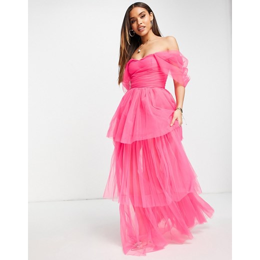 Lace & Beads – Różowa tiulowa sukienka maxi z odsłoniętymi ramionami – Tylko w Lace & Beads 42 Asos Poland