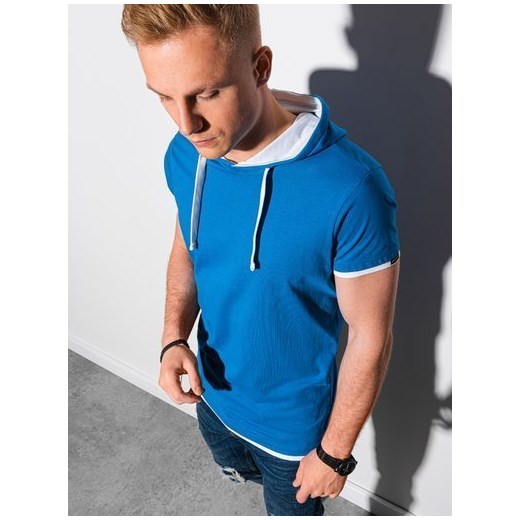 T-shirt męski z kapturem bez nadruku S1376 - niebieski M okazyjna cena ombre