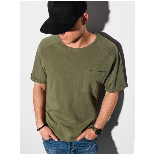 T-shirt męski bawełniany S1386 - oliwkowy XL promocyjna cena ombre