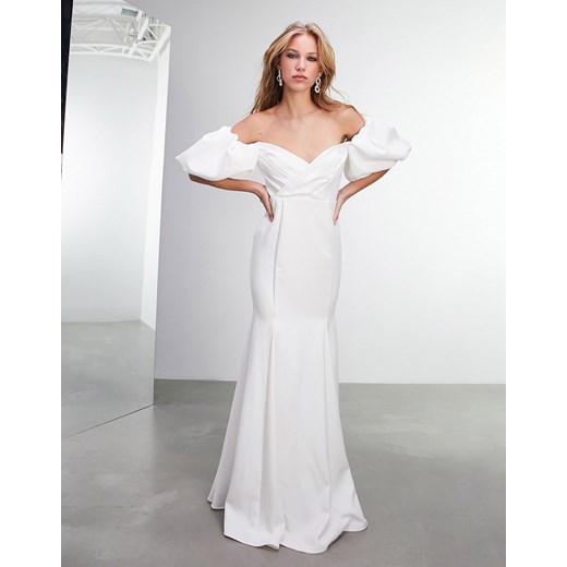 Sukienka Asos biała letnia na ślub cywilny z krótkim rękawem w serek 
