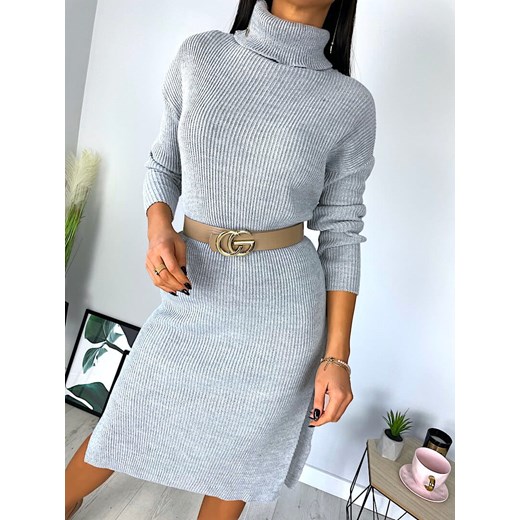 Szara Sweterkowa Sukienka z Golfem 6920-106-E Modnakiecka.pl Uniwersalny ModnaKiecka.pl
