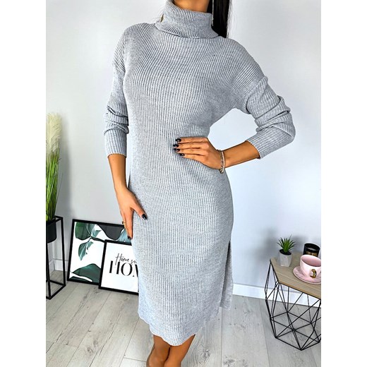 Szara Sweterkowa Sukienka z Golfem 6920-106-E Modnakiecka.pl Uniwersalny ModnaKiecka.pl