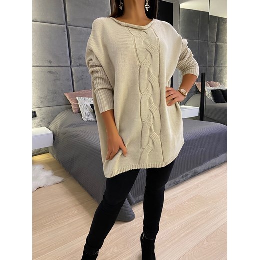 Beżowy Sweter Oversize 6584-322-A Modnakiecka.pl Uniwersalny ModnaKiecka.pl