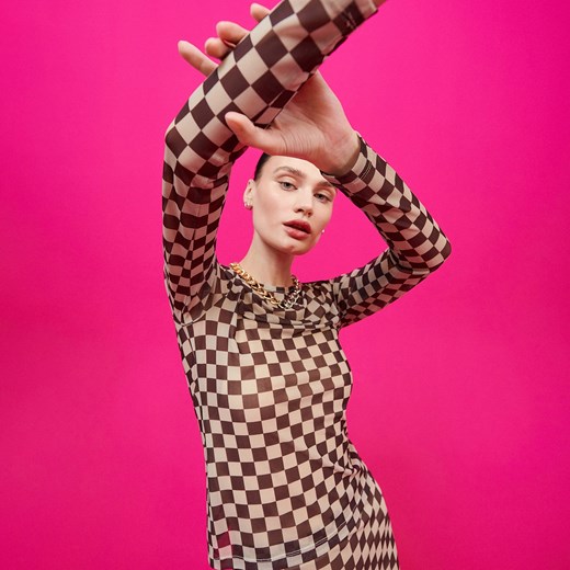 Cropp - Bluzka w kratę - Beżowy Cropp L Cropp