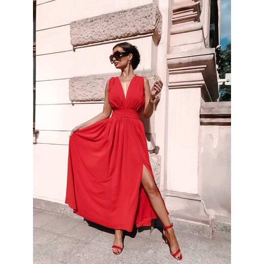 Maxi Sukienka z Dekoltem - Czerwona Kartes Moda XL MOLLY.PL