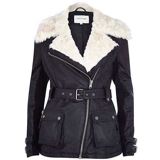 Black faux fur collar biker coat river-island czarny płaszcz