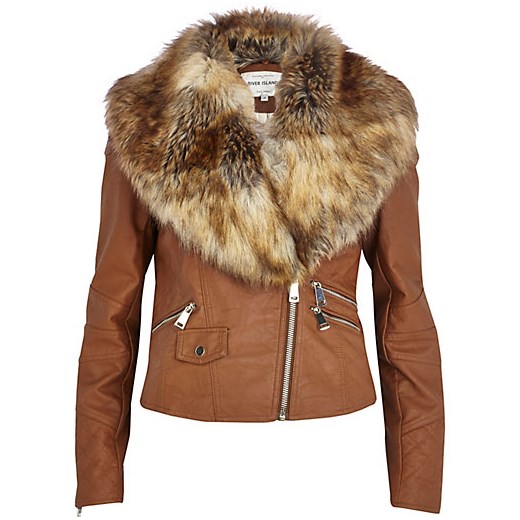 Tan faux fur collar biker jacket river-island brazowy kurtki