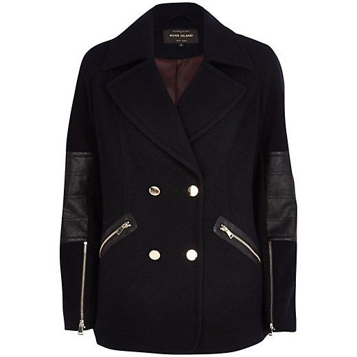 Navy leather-look panel pea coat river-island czarny płaszcz