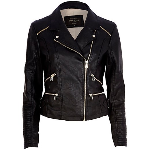 Black leather-look zip detail biker jacket river-island czarny kurtki