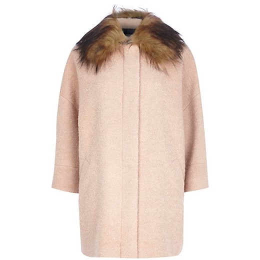 Beige faux fur collar oversized wool coat river-island bezowy oversize