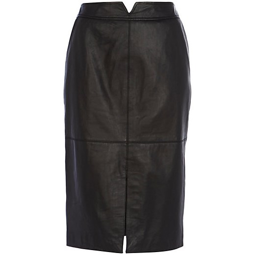Black leather split front pencil skirt river-island czarny skórzane