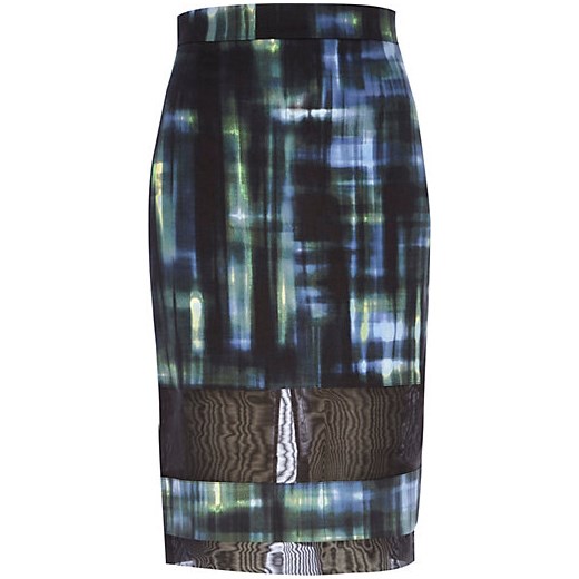 Dark green check mesh panel pencil skirt river-island szary spódnica