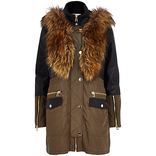 Khaki leather-look panel parka jacket river-island brazowy kurtki