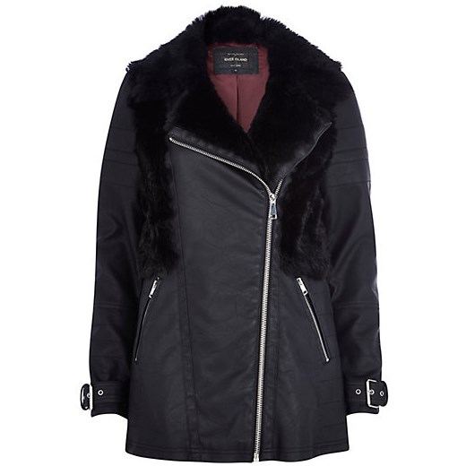 Black faux fur panel biker coat river-island szary płaszcz