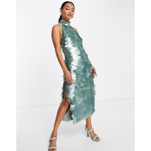 ASOS DESIGN – Sukienka midi z wysokim dekoltem i cekinami-Zielony 34 Asos Poland