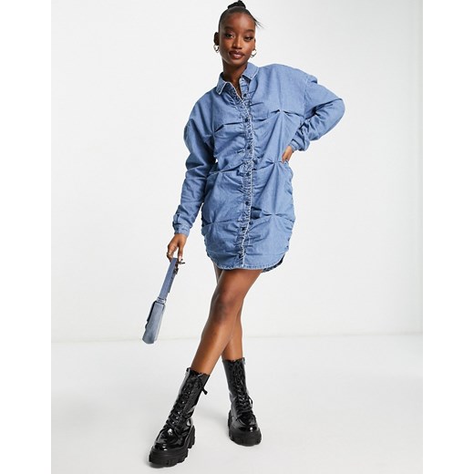 Missguided – Niebieska jeansowa sukienka koszulowa z marszczeniami-Niebieski Missguided 34 wyprzedaż Asos Poland