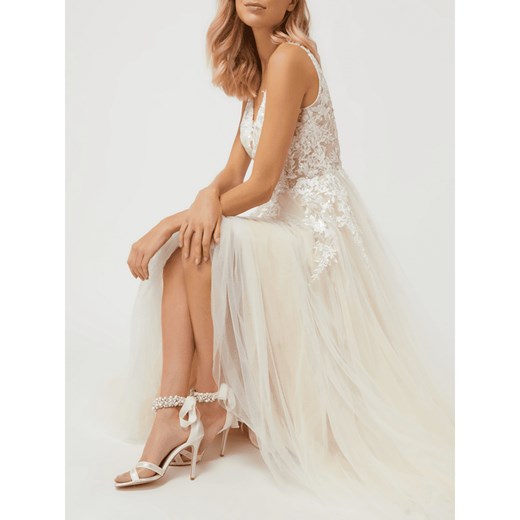 Luxuar Fashion sukienka na ślub cywilny biała maxi z aplikacjami  na ramiączkach 