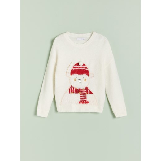 Reserved - Sweter ze świąteczną aplikacją - Kremowy Reserved 116 okazja Reserved