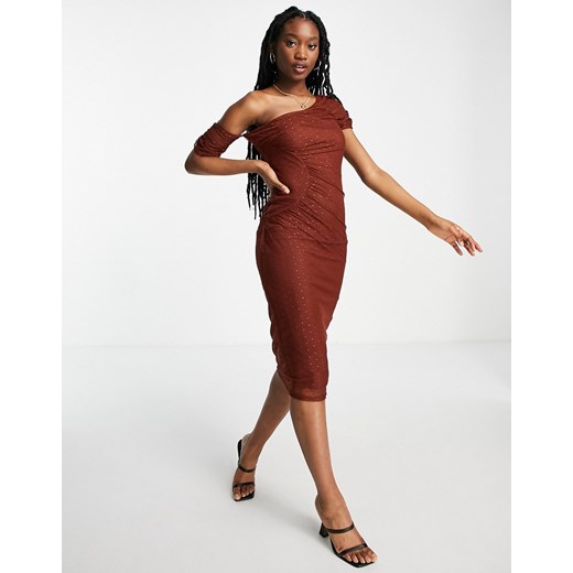 ASOS DESIGN – Ciemnowiśniowa marszczona sukienka midi z obniżoną linią ramion, z 46 Asos Poland