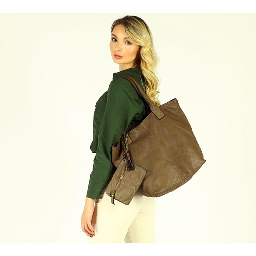 MARCO MAZZINI Torebka shopper bag z portfelem geniune leather ciemny beż khaki uniwersalny okazja Verostilo