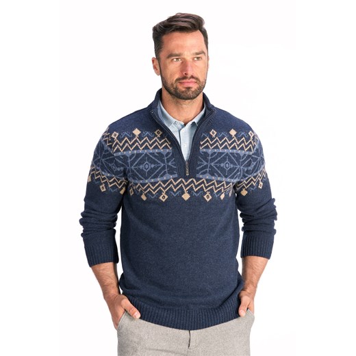 Sweter męski wzór norweski zapinany na krótki zamek granatowy Lanieri Fashion M Lanieri.pl