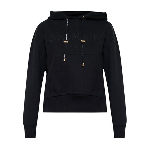 Balmain, Cropped Sweatshirt With Black Rhinestone Balmain Logo Czarny, female, S showroom.pl