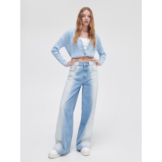 Cropp - Jeansy wide leg z dwukolorową nogawką - Niebieski Cropp 36 wyprzedaż Cropp