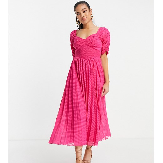 ASOS DESIGN Petite – Jaskraworóżowa plisowana sukienka midi z tkaniny dobby w 38 Asos Poland