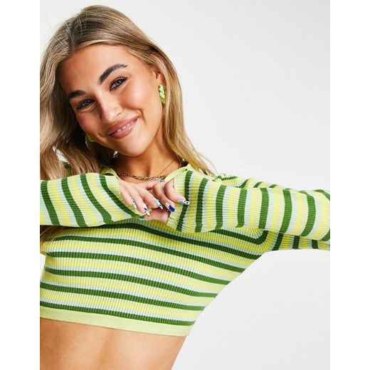 Stradivarius – STR – Zielony krótki top we wzór w paski z kołnierzykiem polo XS Asos Poland