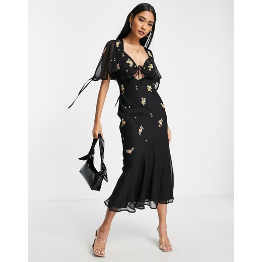 ASOS DESIGN – Czarna sukienka midi ze skosu zdobiona drobnymi kwiatami-Black 36 Asos Poland
