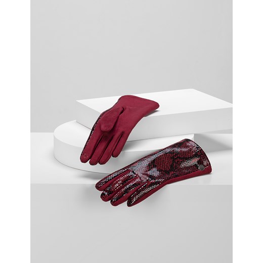 Bordowe rękawiczki z motywem wężowej skórki ze sklepu Molton w kategorii Rękawiczki damskie - zdjęcie 130216895