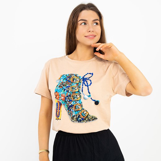 Beżowa damska bluzka z kolorowym printem i cekinami - Odzież Royalfashion.pl S - 36 royalfashion.pl